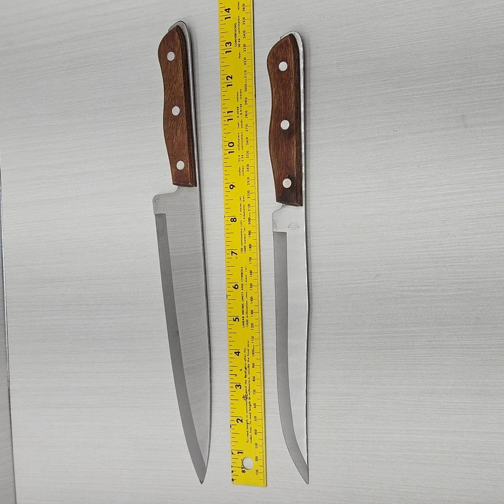 Precision Hollow Ground Stainless Steel Kitchen Knife Set Wood Handle Vintage